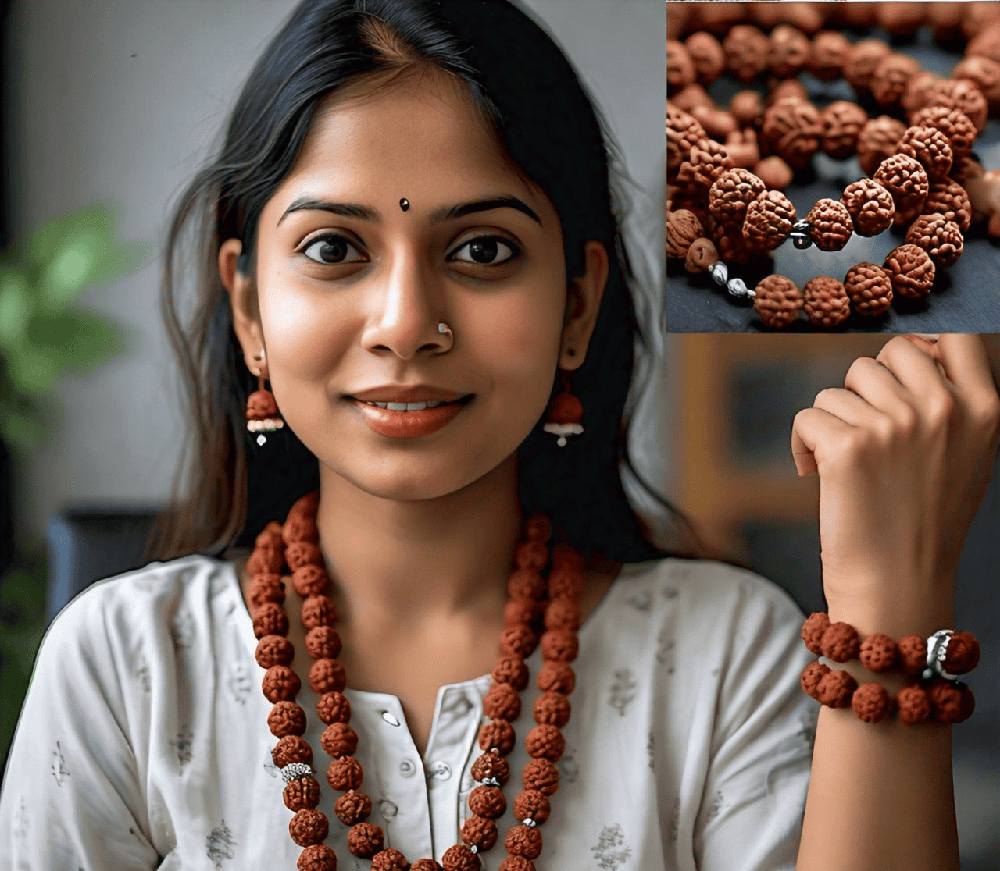 Close-up of an entrepreneur wearing Rudraksha jewelry, symbolizing prosperity and success